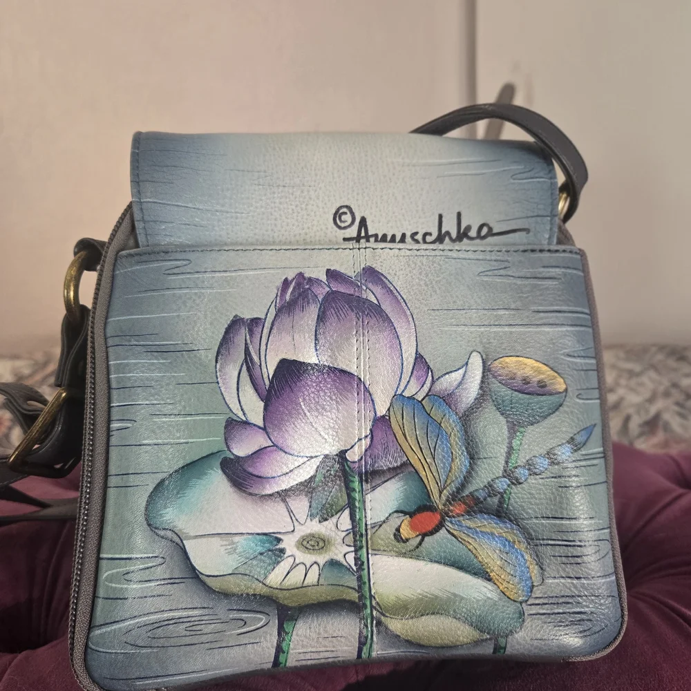 Anuschka Floral Blue and Purple Crossbody Bag - Picture 3 of 5